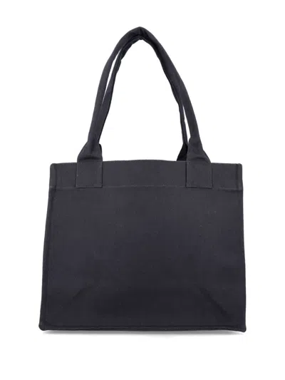 Ganni Black Shopper With Embroidered Logo On The Front In Denim Woman In Black