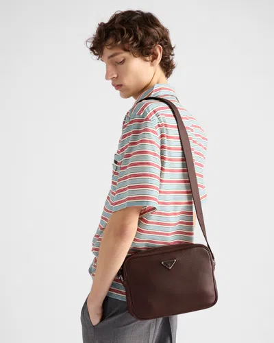 Prada Triangle Logo Leather Messenger Bag In Black