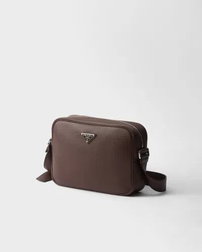 Prada Triangle Logo Leather Messenger Bag In Black