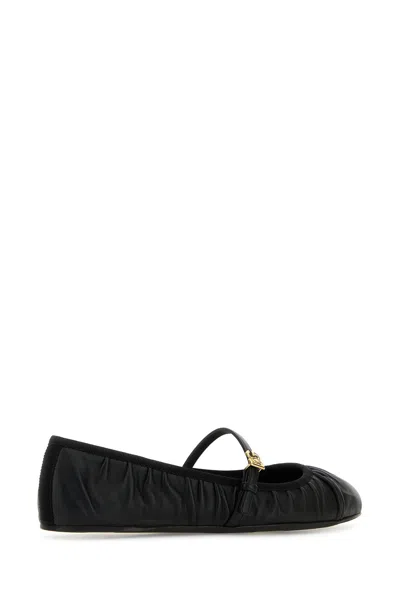 Dolce & Gabbana Black Ballerinas With Metallic Logo And Strap In Leather Woman