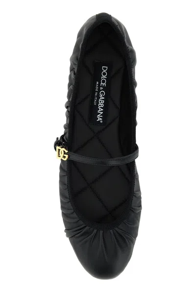 Dolce & Gabbana Black Ballerinas With Metallic Logo And Strap In Leather Woman