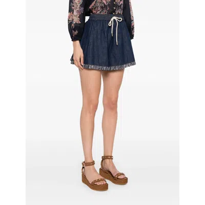 Zimmermann Rhiannon Drawstring Waist Fringe Hem Denim Shorts
