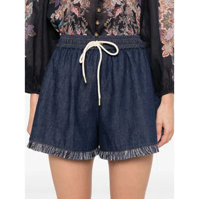 Zimmermann Rhiannon Drawstring Waist Fringe Hem Denim Shorts