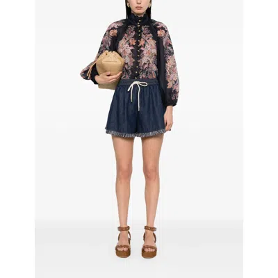 Zimmermann Rhiannon Drawstring Waist Fringe Hem Denim Shorts