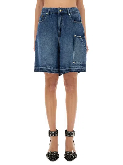Ganni Blue Shorts With Belt Loops And One Front Patch Pocket In Denim Woman In Blue