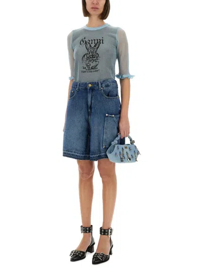 Ganni Blue Shorts With Belt Loops And One Front Patch Pocket In Denim Woman In Blue