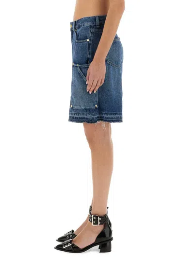 Ganni Blue Shorts With Belt Loops And One Front Patch Pocket In Denim Woman In Blue