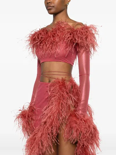 Oseree Feather-trim Cropped Off-shoulder Top