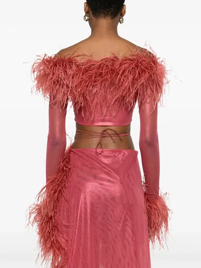 Oseree Feather-trim Cropped Off-shoulder Top