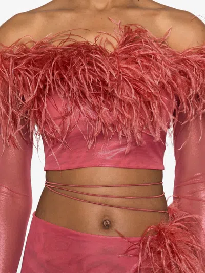 Oseree Feather-trim Cropped Off-shoulder Top