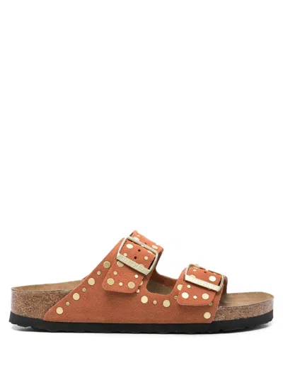 Birkenstock Arizona Rivet Suede Dark Rust Slipper - Size S In Marrone