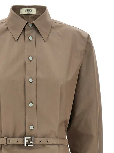 Fendi Brown Cotton And Silk Canvas Shirt Dress In Gray