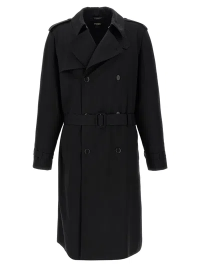 Fendi Trench Coat Wool Belted Waist In Black
