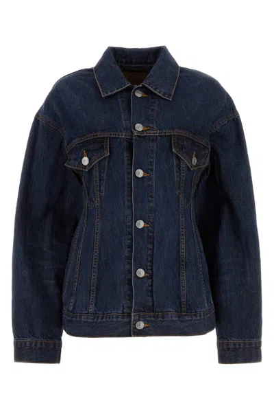 Balenciaga Denim Jacket With Adjustable Waist And Multiple Pockets In Blue