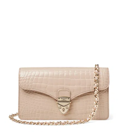 Aspinal Of London Mayfair Logo-lettering Patent-leather Clutch Bag In Taupe