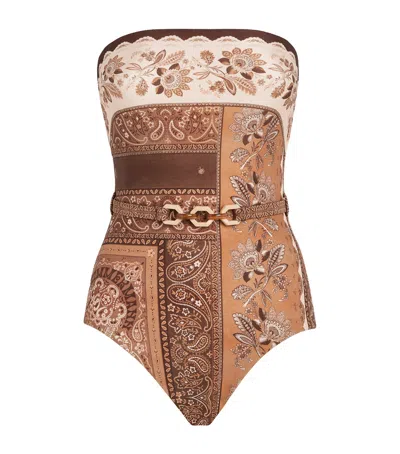 Zimmermann Lucky Belted One-piece Bandeau Swimsuit In Brown