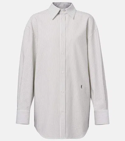 Saint Laurent Grey Shirt With Cassandre Embroidery And All-over Striped Motif In Cotton Woman In White