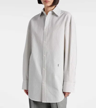 Saint Laurent Grey Shirt With Cassandre Embroidery And All-over Striped Motif In Cotton Woman In White