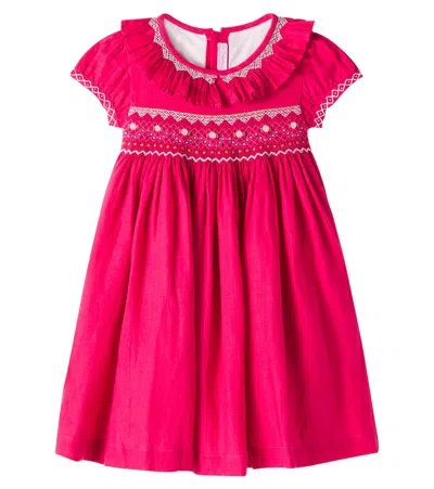 La Coqueta Embroidered Smocked Linen Dress In Pink