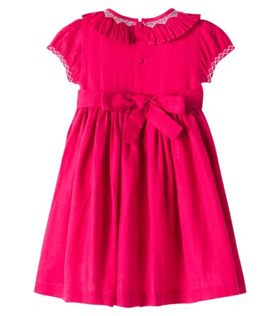 La Coqueta Embroidered Smocked Linen Dress In Pink