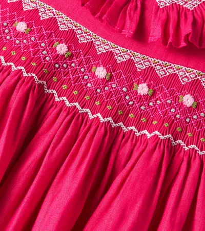 La Coqueta Embroidered Smocked Linen Dress In Pink