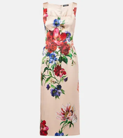 Dolce & Gabbana Flower Print Satin Sheath Longuette Dress In Multicoloured