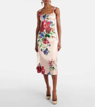 Dolce & Gabbana Flower Print Satin Sheath Longuette Dress In Multicoloured
