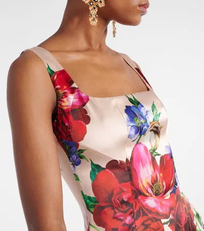 Dolce & Gabbana Flower Print Satin Sheath Longuette Dress In Multicoloured