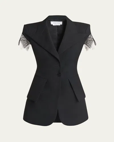 Alexander Mcqueen Asymmetrical Tailored Jacket With Lace Detailing In Black