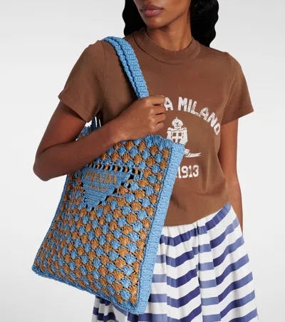 Prada Two-tone Raffia Shopping Bag In Gold