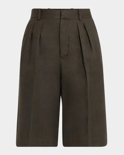 Loro Piana Digby Pleated Structured Linen Wool Bermuda Shorts In 516x Black Pine