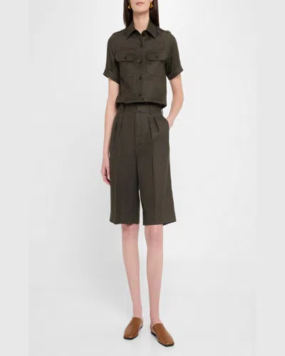 Loro Piana Digby Pleated Structured Linen Wool Bermuda Shorts In 516x Black Pine