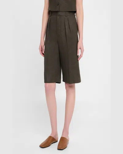 Loro Piana Digby Pleated Structured Linen Wool Bermuda Shorts In 516x Black Pine