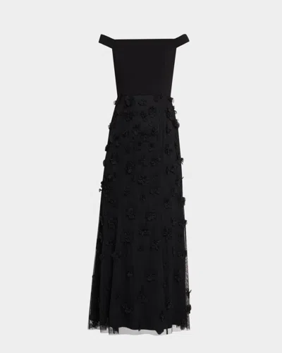 Aidan Mattox Beaded Floral Applique Off-shoulder Gown In Black