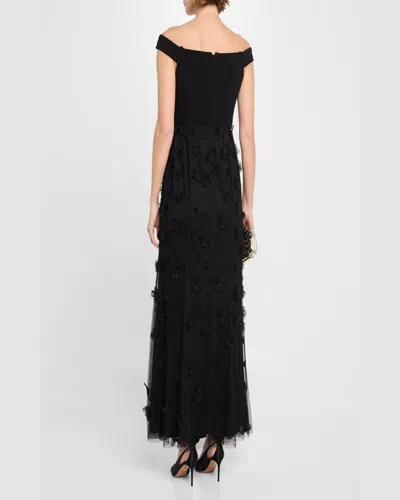 Aidan Mattox Beaded Floral Applique Off-shoulder Gown In Black
