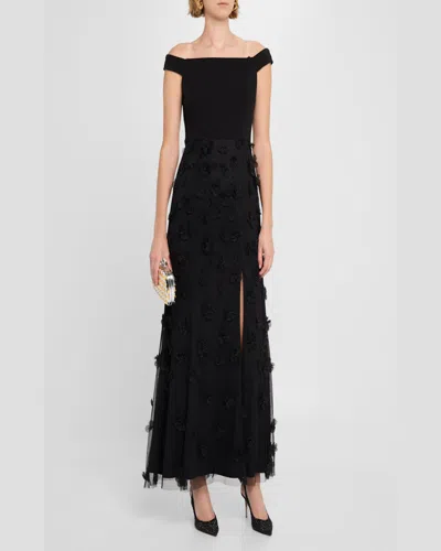 Aidan Mattox Beaded Floral Applique Off-shoulder Gown In Black