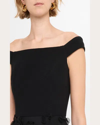 Aidan Mattox Beaded Floral Applique Off-shoulder Gown In Black