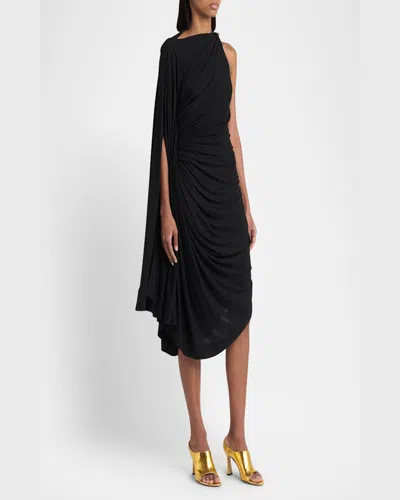 Bottega Veneta Black One-shoulder Draped Midi-dress