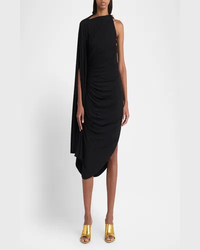 Bottega Veneta Black One-shoulder Draped Midi-dress