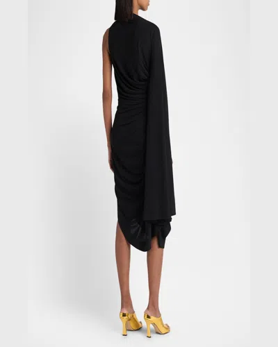Bottega Veneta Black One-shoulder Draped Midi-dress