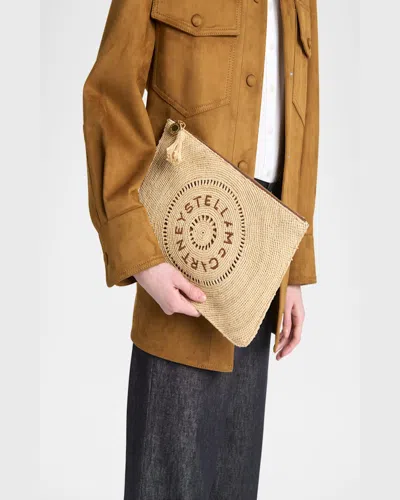 Stella Mccartney Logo Crochet Raffia Pouch Bag In Natural Tan
