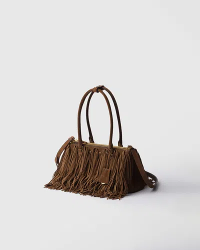 Prada Suede Shoulder Bag With Fringe And Handles In Brown