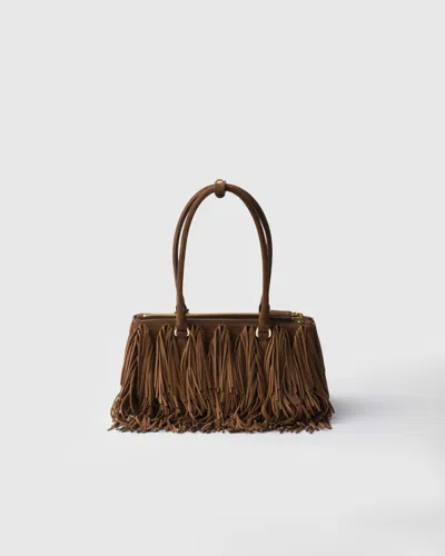 Prada Suede Shoulder Bag With Fringe And Handles In Brown