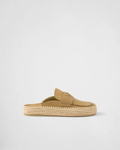 Prada Suede Slippers With Espadrille Sole And Round Toe In Brown
