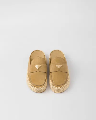 Prada Suede Slippers With Espadrille Sole And Round Toe In Brown