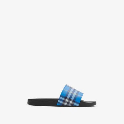 Burberry Check Pattern Flat Sole Slide Sandals In Blue