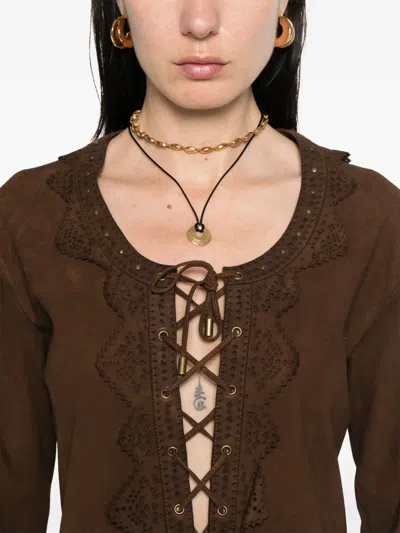 Isabel Marant 'charlina' Brown Blouse With V Neck With Studs And Perforated And Notched Trims In Brown
