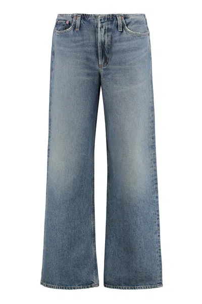 Agolde Wide-leg Faded Wash Denim Trousers With Five Pockets In Blue