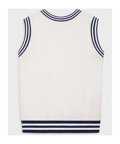 Celine Pull Col V Sans Manches In Off-white/navy Blue