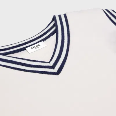 Celine Pull Col V Sans Manches In Off-white/navy Blue
